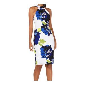 Trina Turk Floral Mock Neck Halter Stretch Bodycon Knee Length Pencil Dress Sz 2